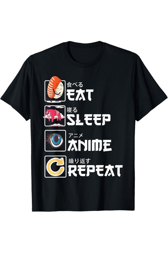 t-shirt Kawaii Manga Sushi - Eat Sleep Anime Repeat - Cute Anime T-Shirt mens,black,women,funny,journey,Crew Neck, Short Sleeve,custom clothing patterns.