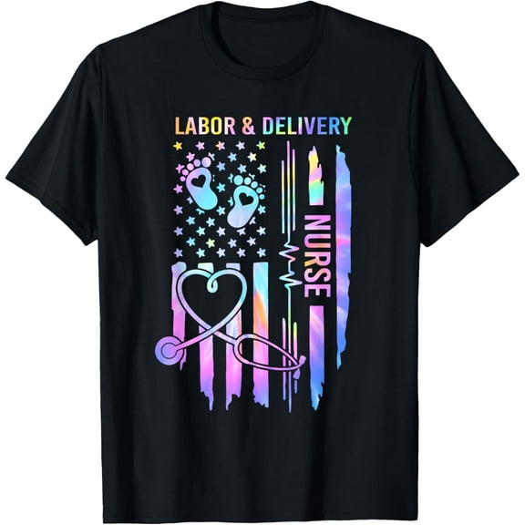 t-shirt Labor and Delivery Nurse L&D Nurse Nursing USA Flag Tie Dye T-Shirt mens，black，women，funny，journey，Crew Neck, Short Sleeve,printing