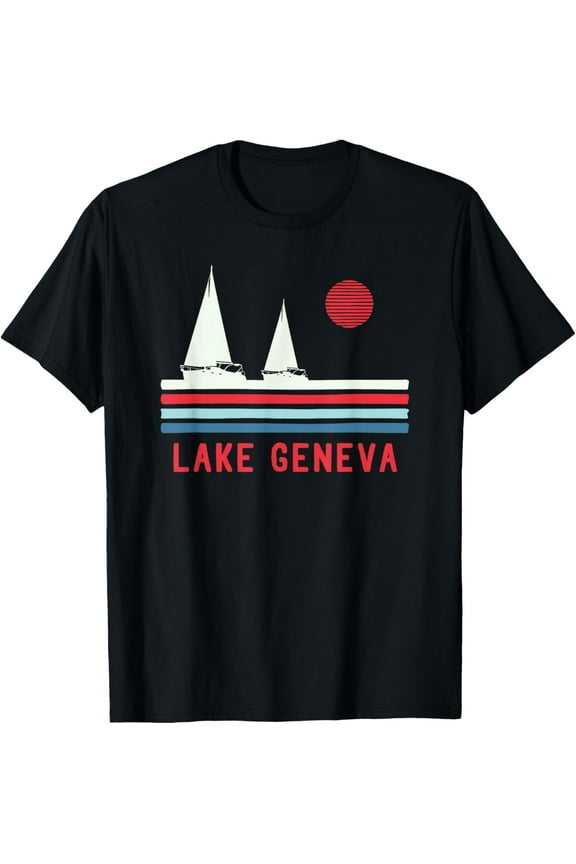 t-shirt Lake Geneva WI Sailboat T-Shirt Vintage 80s T-Shirt mens,black,women,funny,journey,Crew Neck, Short Sleeve,custom clothing patterns.gift