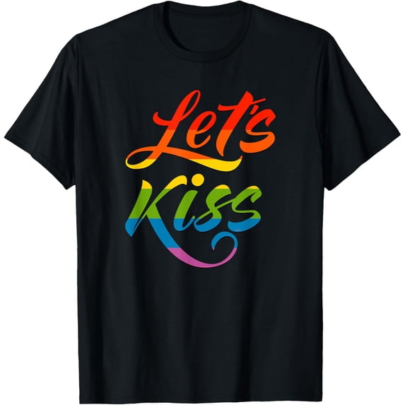 t-shirt Let's Kiss Text Rainbow Pride Flag Gay T-Shirt mens,black,women,funny,journey,Crew Neck, Short Sleeve,custom clothing patterns.gift