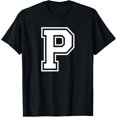 thumbnail image 1 of t-shirt Letter P Name Initial Varsity Alphabet Monogram T-Shirt mens，black，women，funny，journey，Crew Neck, Short Sleeve,custom clothing patterns.gift, 1 of 4