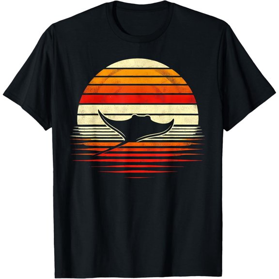 Manta Ray Sunset Retro Style Safari Vintage 70s Fishing T-ShirtMen's and women's gift, black and white T-shirt, size: Extra large S-4XL