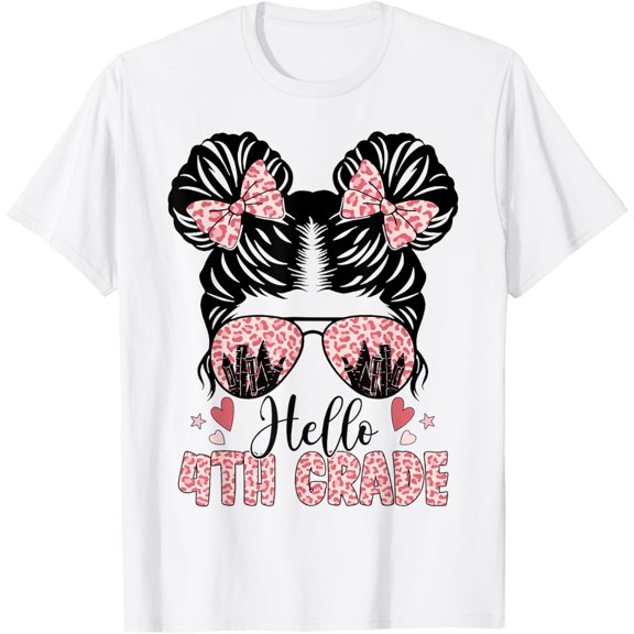 t-shirt Messy Bun Hello 4th Grade Back To School Girl Leopard T-Shirt mens t shirt，white，women，funny，misfits，men，journey