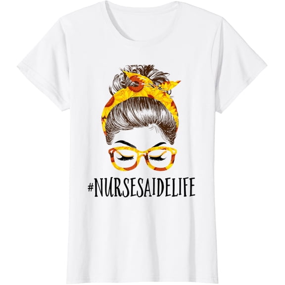 t-shirt Messy Hair Bun Nurses Aide Sunflowers Mothers Day T-Shirt mens, woman, white，funny，journey，Crew Neck, Short Sleeve,custom clothing patterns.gift