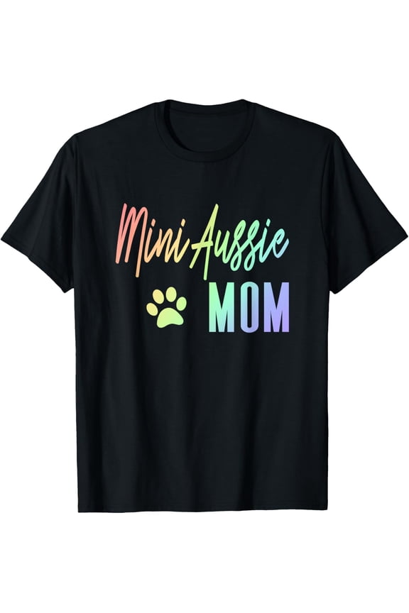 t-shirt Mini Aussie Mom - Rainbow Paw Print Australian Shepherd Dog T-Shirt mens,black,women,funny,journey,Crew Neck, Short Sleeve,custom clothing patterns.gift