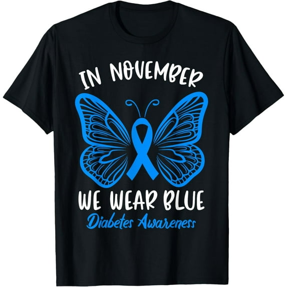 t-shirt In November we Wear Blue Diabetes Awareness Cute Butterfly T-Shirt mens,black,women,funny,journey,Crew Neck, Short Sleeve,custom clothing patterns.gift