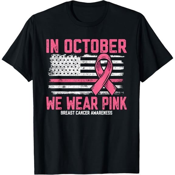 t-shirt In October we Wear Pink Us Flag Breast Cancer Awareness T-Shirt mens，black，women，funny，journey，Crew Neck, Short Sleeve,custom clothing patterns.gift