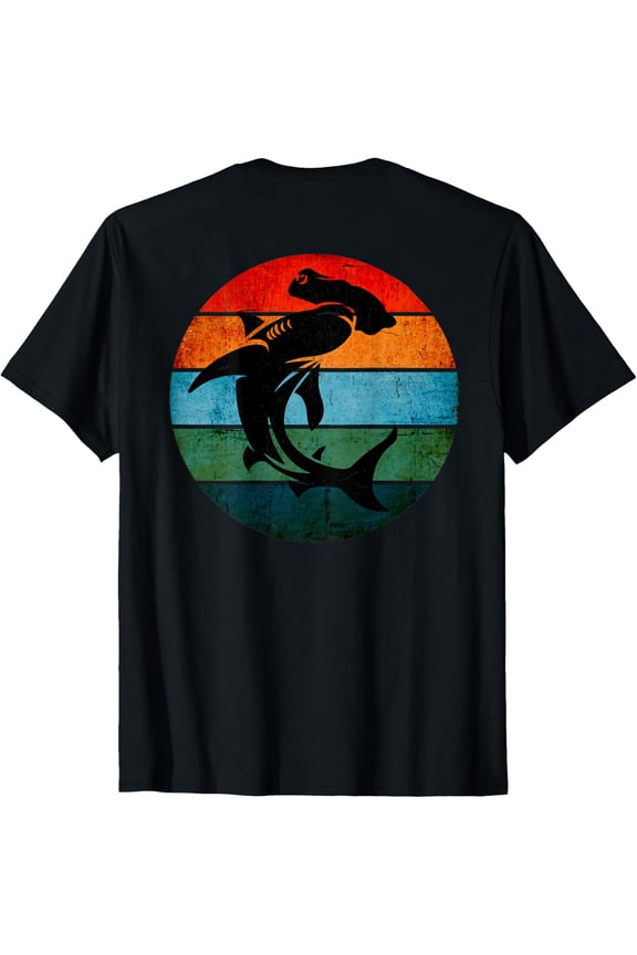 On Back. Cool Grunge Hammerhead Shark on Retro Sun Shark T-Shirt