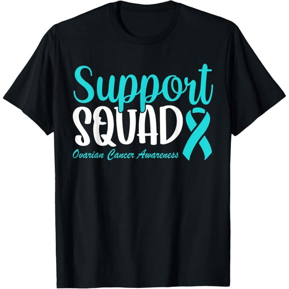 t-shirt Ovarian Cancer Awareness Support Squad Teal Ribbon T-Shirt mens，black，women，funny，journey，Crew Neck, Short Sleeve,printing