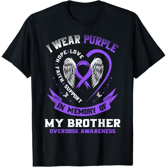 t-shirt Overdose Awareness Shirt In Memory of Brother Purple Ribbon T-Shirt.