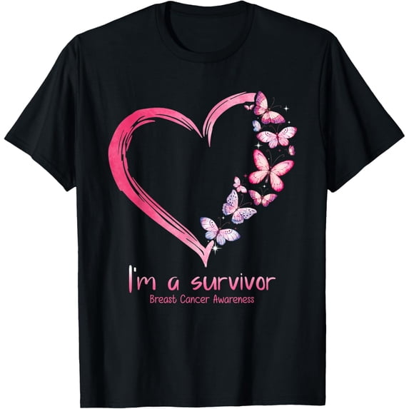 t-shirt Pink Butterfly Heart I'm A Survivor Breast Cancer Awareness T-Shirt mens,black,women,funny,men,journey,Crew Neck, Short Sleeve,printing