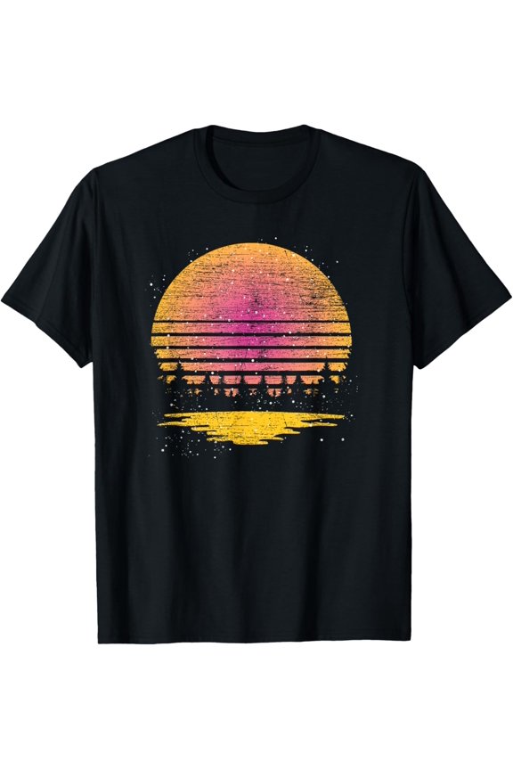 t-shirt Reflection Full Moon Nature Wildlife Trees Retro Forest T-Shirt.