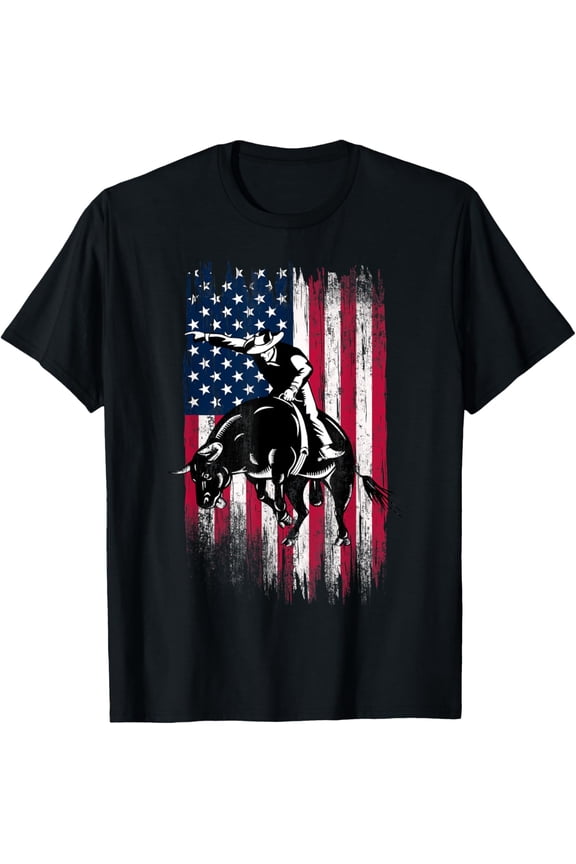 t-shirt Rodeo Bull Rider Patriotic American Flag Cowboys T-Shirt.