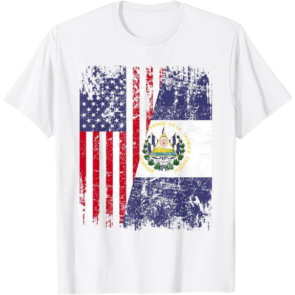t-shirt SALVADORAN ROOTS | Half American Flag | EL SALVADOR T-Shirt mens, woman, white，funny，journey，Crew Neck, Short Sleeve,custom clothing patterns.gift
