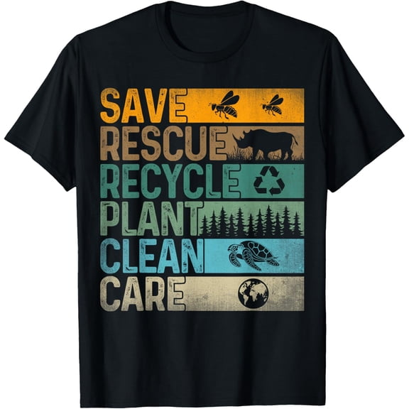 Save Bees Rescue Animals Recycle Plastics Fun Earth Day T-ShirtMen's and women's gift, black and white T-shirt, size: Extra large S-4XL