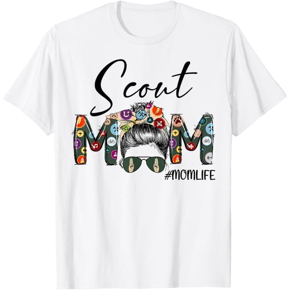 t-shirt Scouting Scout Mom Life Messy Bun Hair Mother's Day T-Shirt mens, woman, white,funny,journey,Crew Neck, Short Sleeve,custom clothing patterns.gift