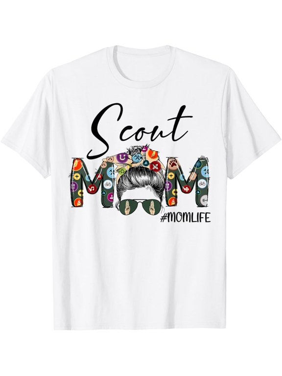 t-shirt Scouting Scout Mom Life Messy Bun Hair Mother's Day T-Shirt mens, woman, white,funny,journey,Crew Neck, Short Sleeve,custom clothing patterns.gift