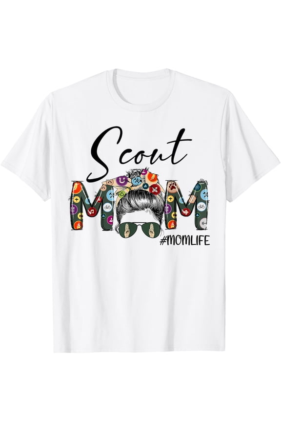 t-shirt Scouting Scout Mom Life Messy Bun Hair Mother's Day T-Shirt mens, woman, white,funny,journey,Crew Neck, Short Sleeve,custom clothing patterns.gift
