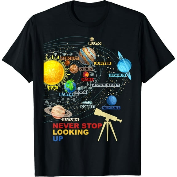 t-shirt Solar System Planets - Never Stop Looking Up - Astronomy T-Shirt.