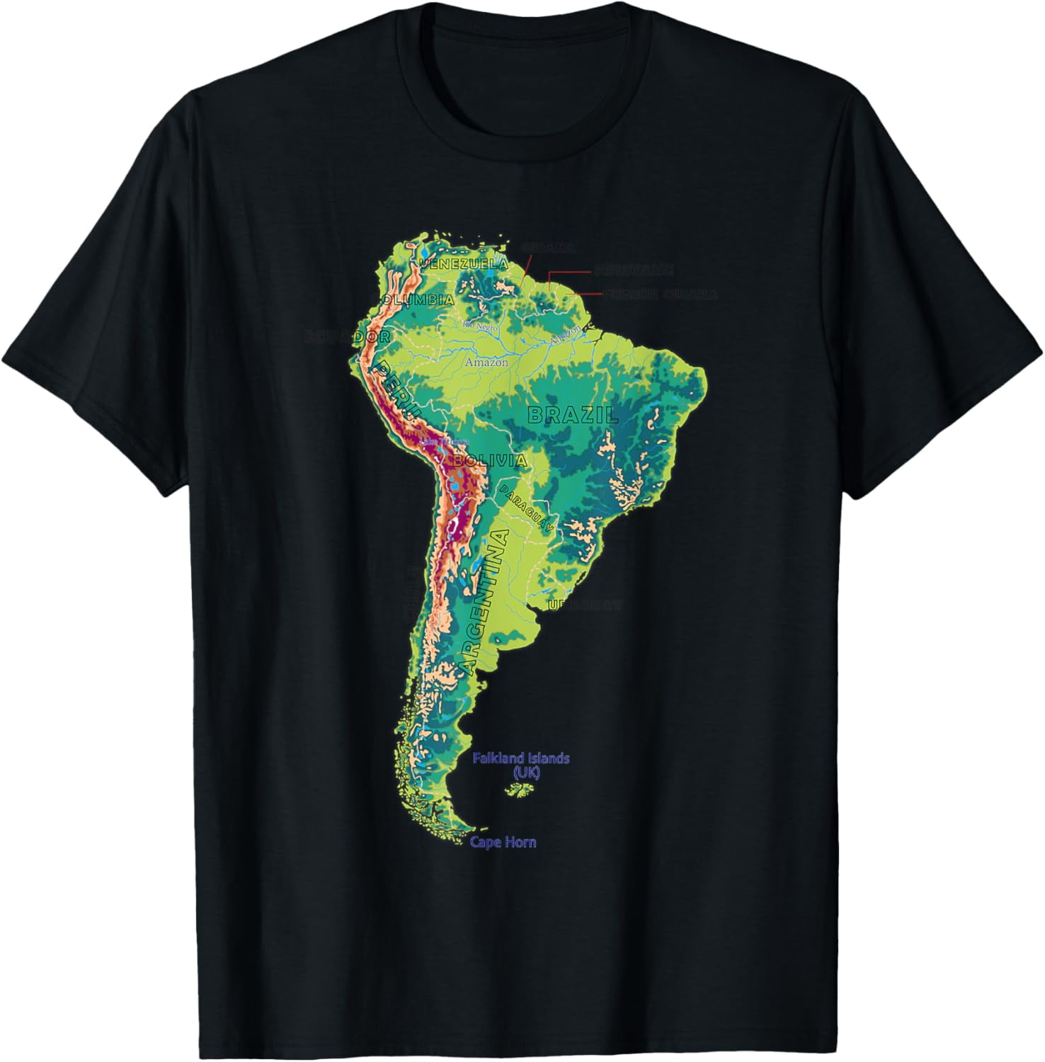 t-shirt South America topographic map Borders rivers country names T ...