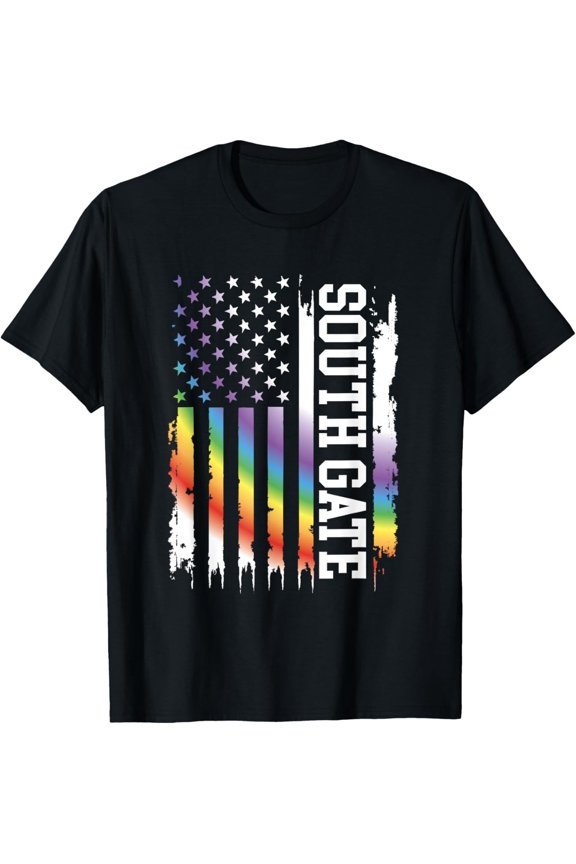 t-shirt South Gate United States Distressed Rainbow w US Flag T-Shirt.