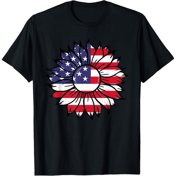 t-shirt Sunflower 4th Of July Fourth Women American Flag Patriotic T-Shirt.
