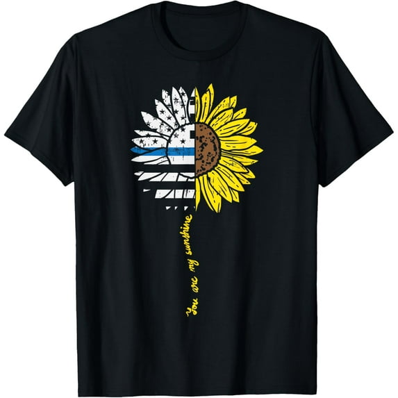 Sunflower US Flag Thin Blue Line Law Enforcement Police Gift T-ShirtMen and women, Black T-shirt, size: Extra large