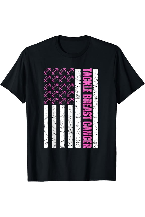 t-shirt Tackle Breast Cancer Awareness Football Pink American Flag T-Shirt.