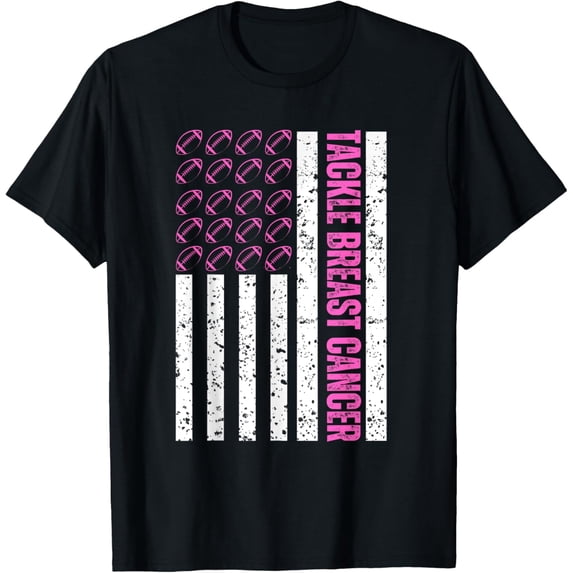 t-shirt Tackle Breast Cancer Awareness Football Pink American Flag T-Shirt.