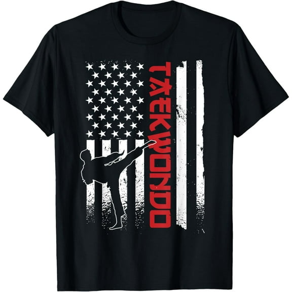 t-shirt Taekwondo American Flag Taekwondo Fighter US Flag T-ShirtMen and women can wear, black T-shirts, gifts. Age: M,L，XL 2XL, 3XL, 4XL