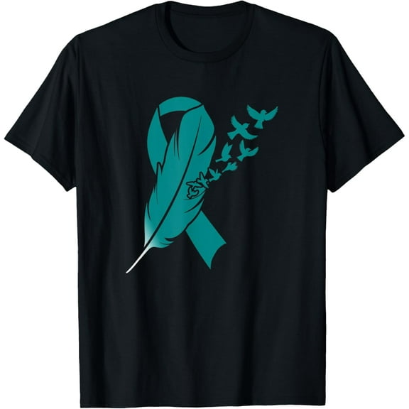 t-shirt Teal Feather Ribbon - Ovarian Cancer Awareness T-Shirt mens，black，women，funny，journey，Crew Neck, Short Sleeve,printing