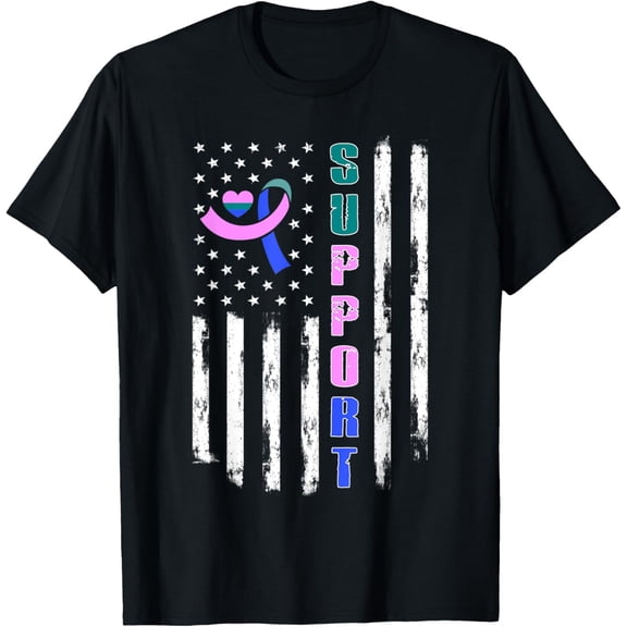 t-shirt Thyroid Cancer Awareness Ribbon American Flag Support T-Shirt.