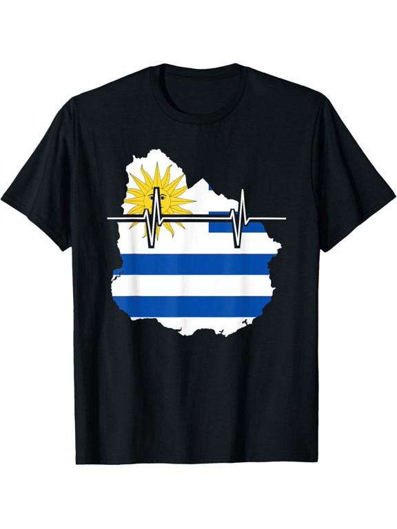 t-shirt Uruguay Map With Heartbeat Vintage Flag Uruguay T-Shirt mens,black,women,funny,men,journey,Crew Neck, Short Sleeve,printing