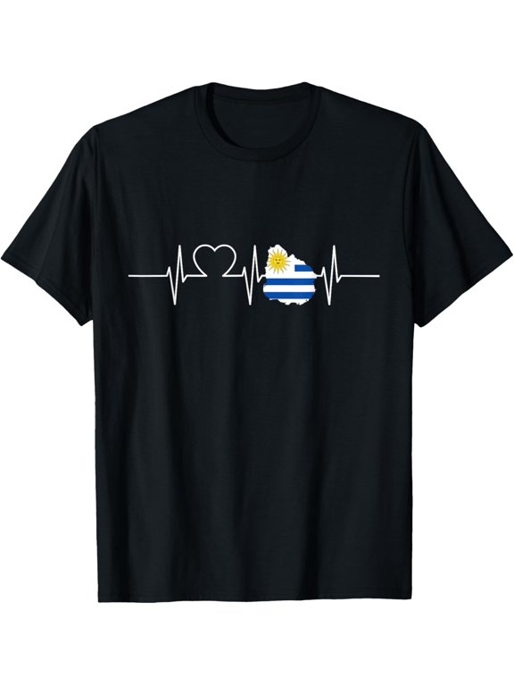 t-shirt Uruguay Map With Heartbeat Vintage Flag Uruguay T-Shirt mens,black,women,funny,men,journey,Crew Neck, Short Sleeve,printing