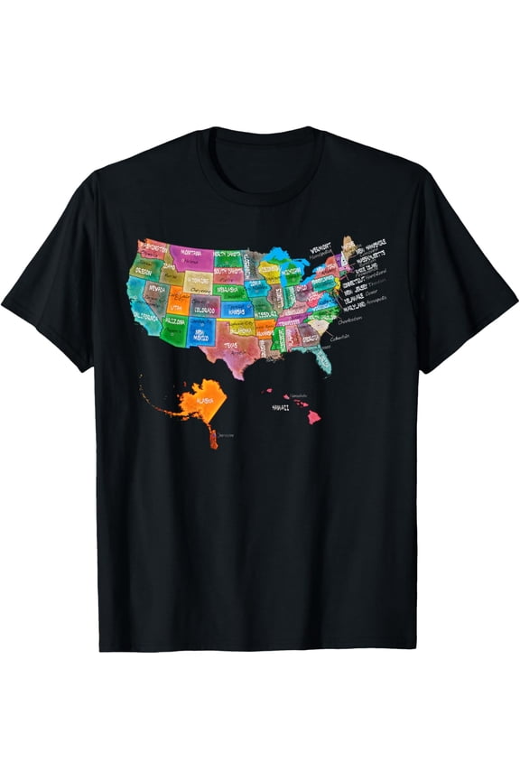 t-shirt Watercolor US map T-Shirt with states and capital cities T-Shirt mens,black,women,funny,journey,Crew Neck, Short Sleeve,custom clothing patterns.gift