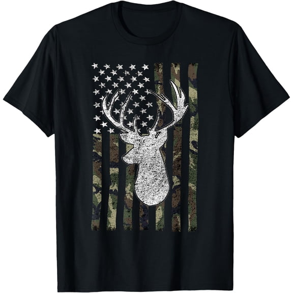 t-shirt Whitetail Buck Deer Hunting American Camouflage USA Flag Short Sleeve T-Shirt mens,black,women,funny,journey,Crew Neck, Short Sleeve,printing