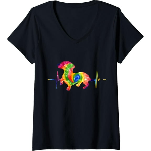 t-shirt Womens Dachshund Doxie Weenie Mom Dad Heartbeat Tie Dye Dog Gift V-Neck T-Shirt mens，black，women，funny，men，journey，Crew Neck, Short Sleeve,printing