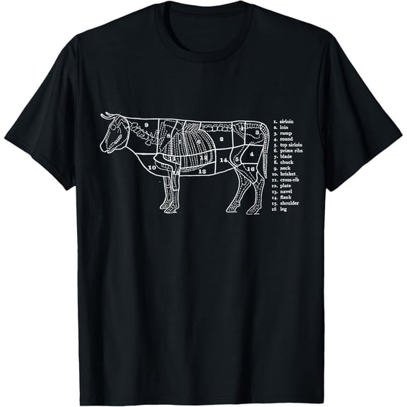 t-shirt butcher funny gift Cow Beef Meat Cuts for Christmas T-Shirt mens，black，women，funny，men，journey，Crew Neck, Short Sleeve,printing