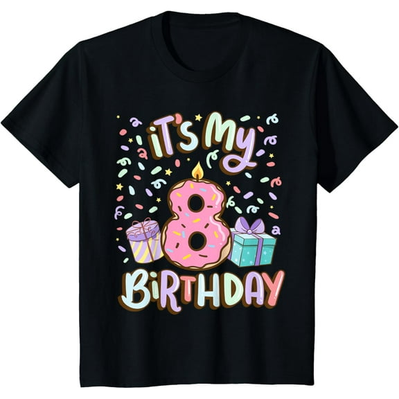 t-shirt it's My 8th Birthday Cake donut 8 year old confetti T-Shirt mens，black，women，funny，journey，Crew Neck, Short Sleeve,printing