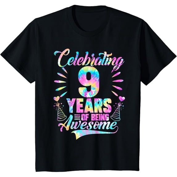 t-shirtKids Celebrating 9 Year Of Being Awesome With Tie-dye Graphic T-Shirt mens t shirt,black,women,funny,misfits,men,journey