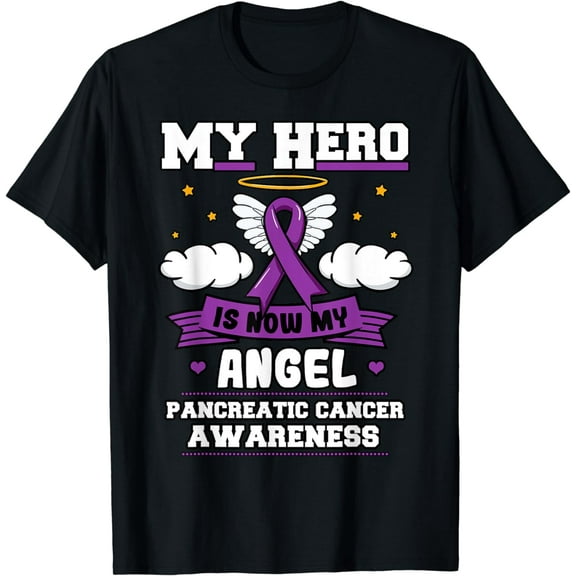 t-shirtMy Hero Is Now My Angel Pancreatic Cancer Purple Supporters T-Shirt mens t shirt，black，women，funny，misfits，men，journey