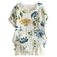 thumbnail image 1 of t shirts for women casual tops cotton linen loose fit print short sleeve plus size button tuned tee shirt top, 1 of 6