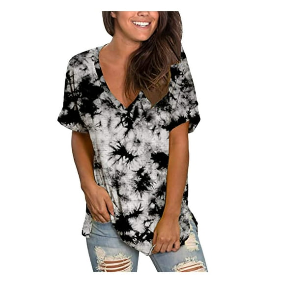 t shirts for women casual tops v-neck tie-dye short sleeved pullover tee shirt top