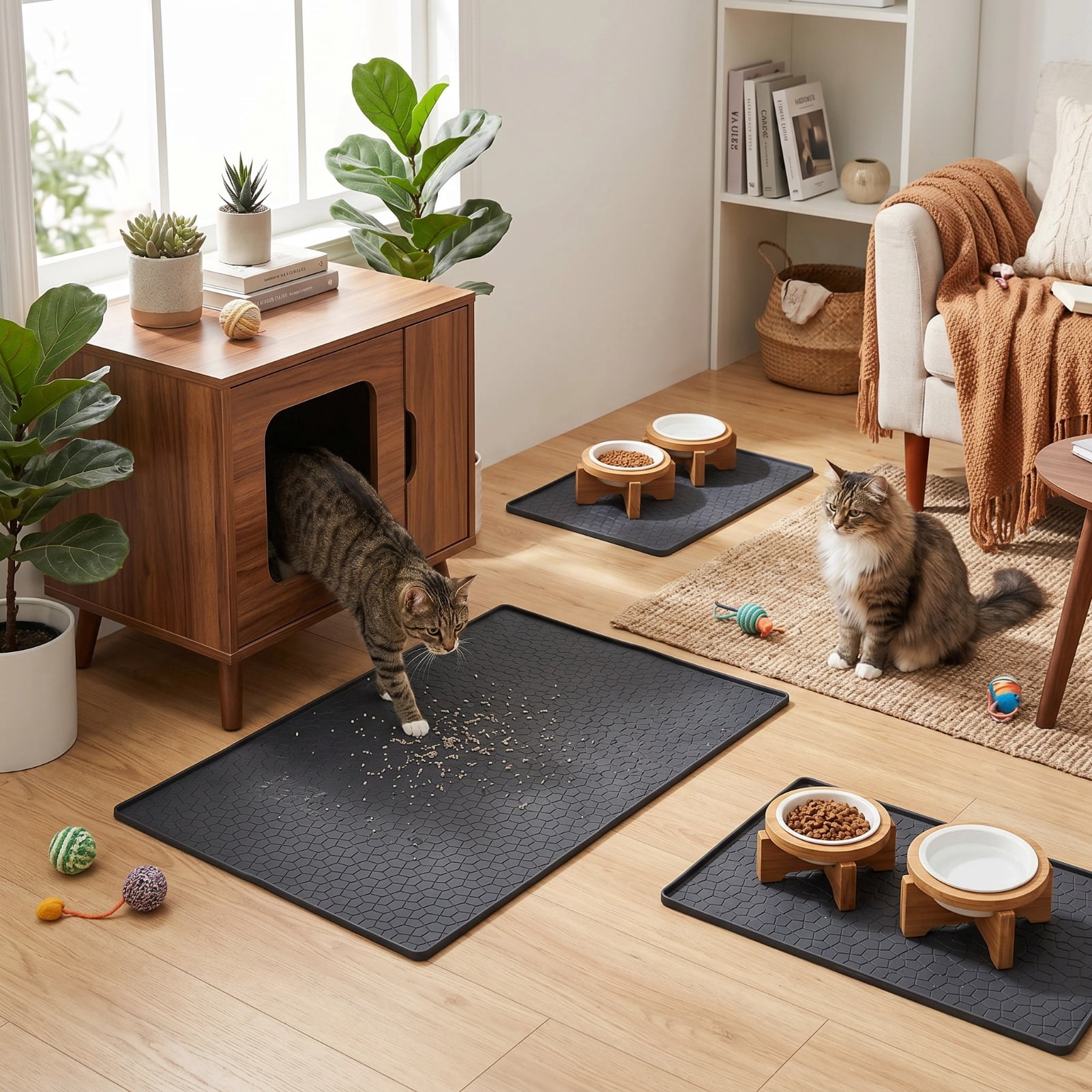 CACAGOO Large 34" X 22" Cat Litter Mat, Waterproof Silicone Pad for Floor, Thickened Silicone Cat Litter Mat Easy Clean Mat for Cat Feedi, Black