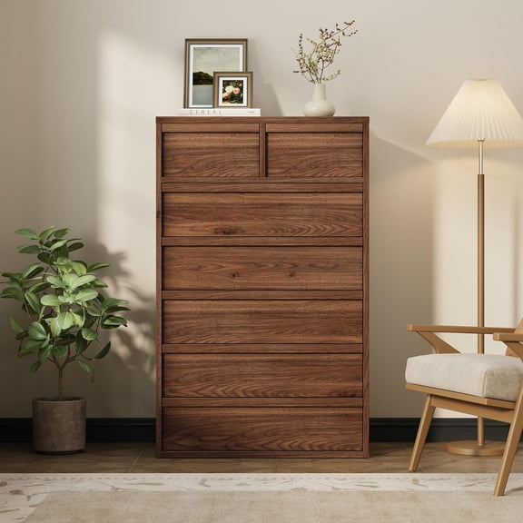 Only the tableModern Tall Dresser Chest of Drawers for Bedroom - Large Storage Freestanding Wooden Vertical Drawer Cabinet for Closet, Living Room, Entryway - 7 Drawers, Walnut