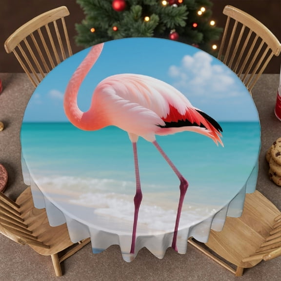 tablecloth round - Beach Flamingos Print, Festive Table Setting 2D Flat Printing Tablecloth for dining table round, Cafe, dinner, brunch, buffet, picnic