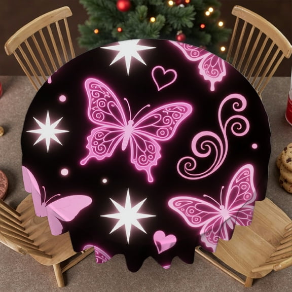 tablecloth round - Pink Butterfly Aesthetic Print, Polyester Tablecloths Festive Table Setting Tablecloth for dining table, Cafe, dinner, brunch, buffet, picnic