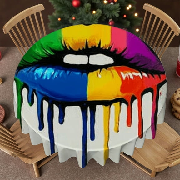 tablecloth round - Rainbow Lips LGBTQ Pride Makeup Print, Kitchen Accessories 2D Flat Printing Tablecloth for dining table, Cafe, dinner, brunch, buffet, picnic, wedding,60x60 Inch