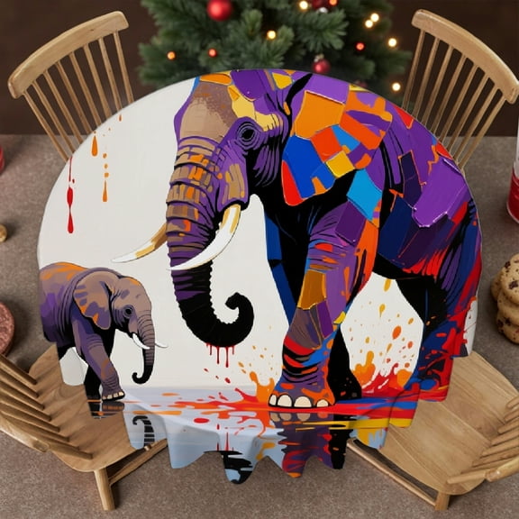 tablecloths for round tables - Baby Elephant Followed the Mother Abstract Animal Print, 2D Flat Printing Kitchen Accessories Family Round Tablecloth, Cafe, dinner, brunch, buffet, picnic