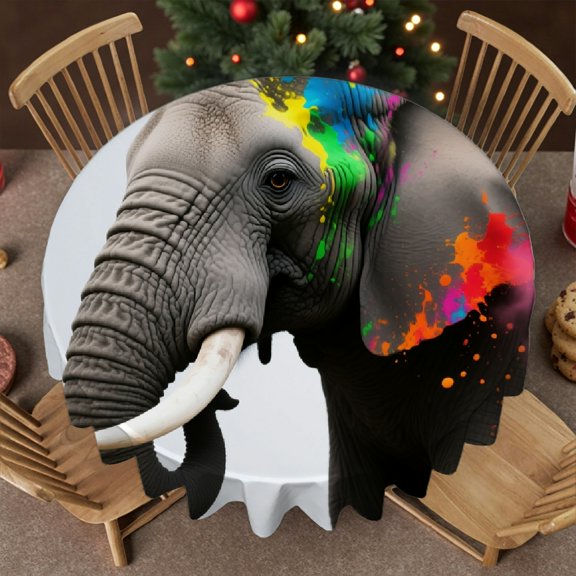 tablecloths for round tables - Cheery Elephant Print, Festive Table Setting Polyester Tablecloths Tablecloth for dining table round, Cafe, dinner, brunch, buffet, picnic
